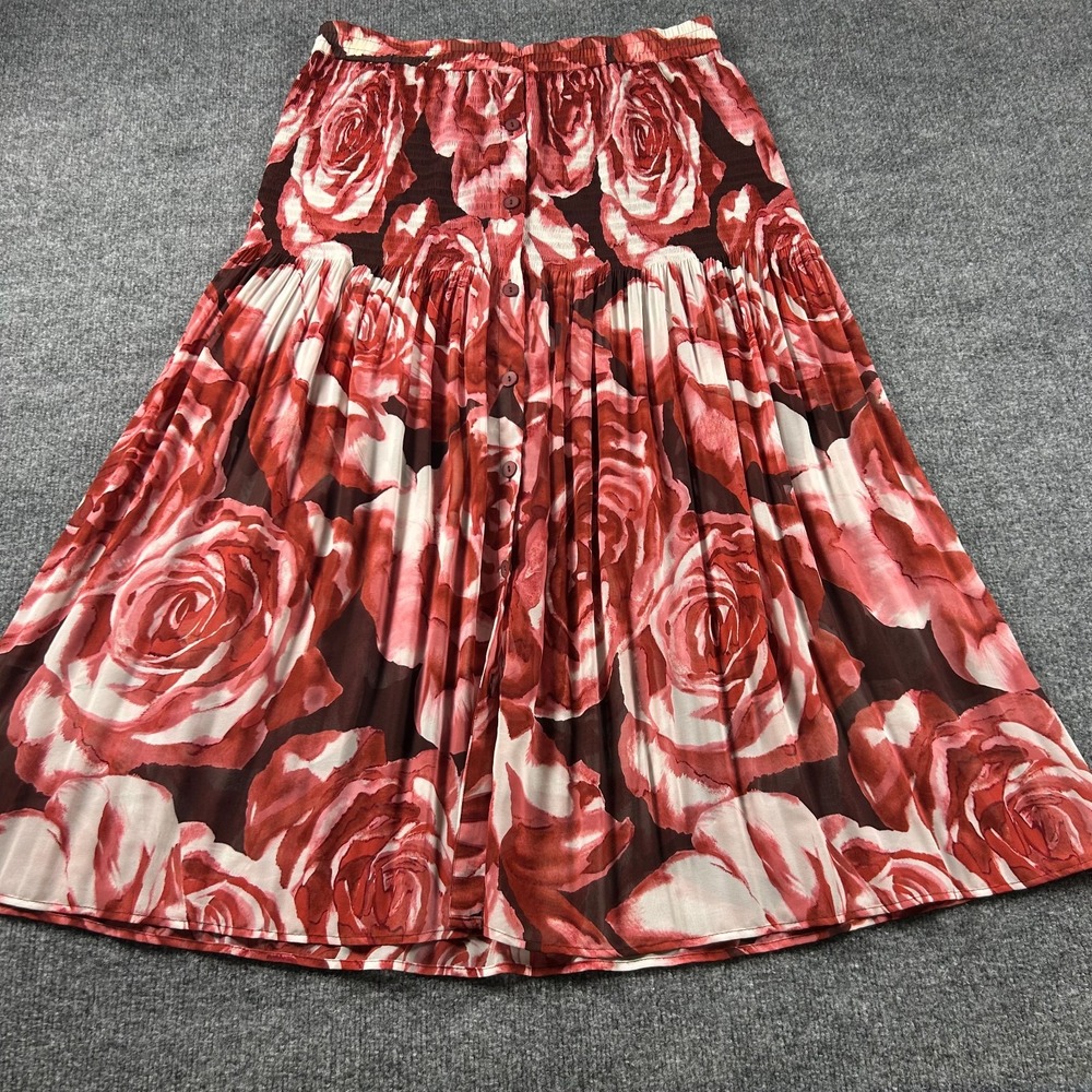VTG 90s Express Compagnie Internationale Rose Maxi Skirt Red Floral Smocked L